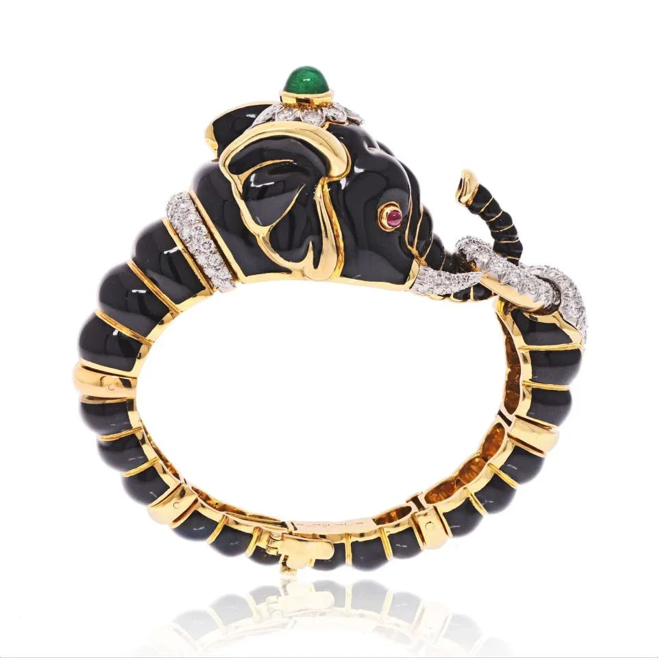 David Webb Platinum & 18K Yellow Gold Black Enamel Elephant Bracelet - The Back Vault