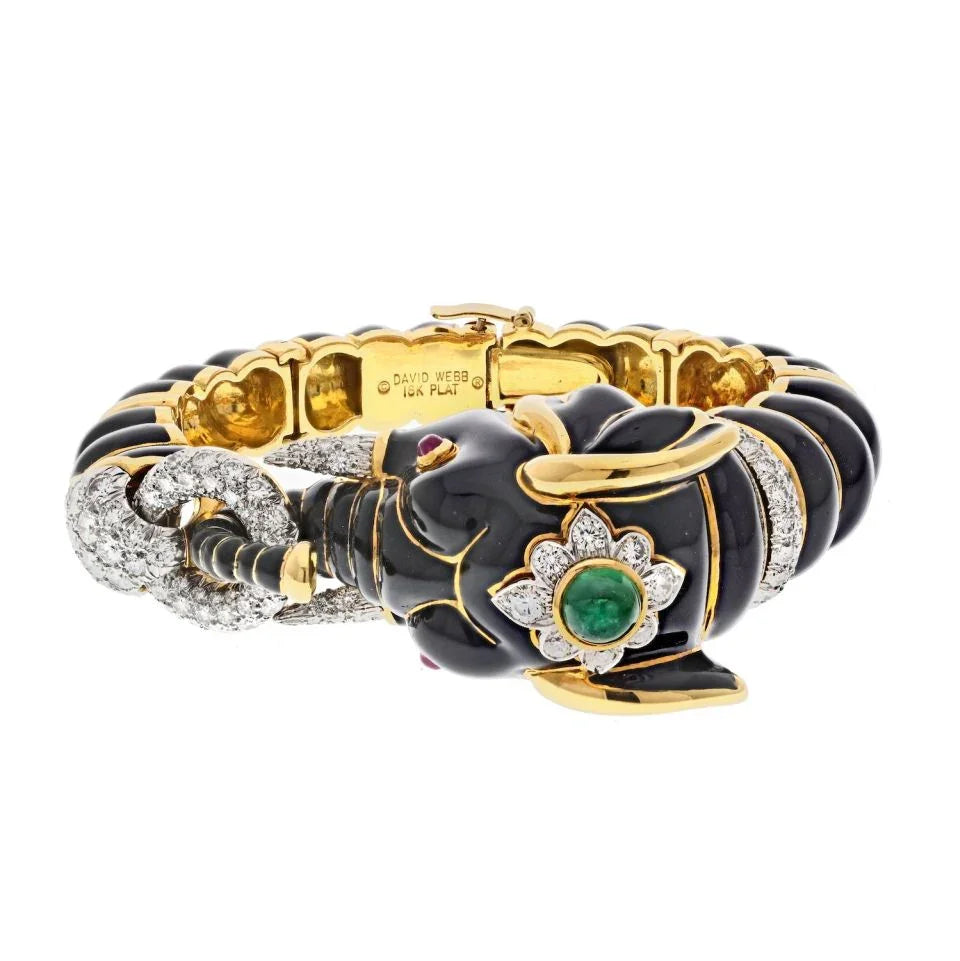 David Webb Platinum & 18K Yellow Gold Black Enamel Elephant Bracelet - The Back Vault