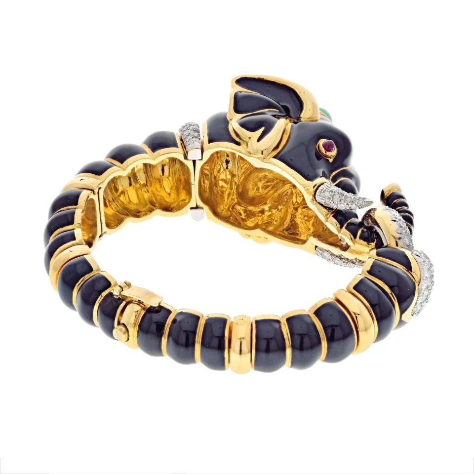 David Webb Platinum & 18K Yellow Gold Black Enamel Elephant Bracelet - The Back Vault