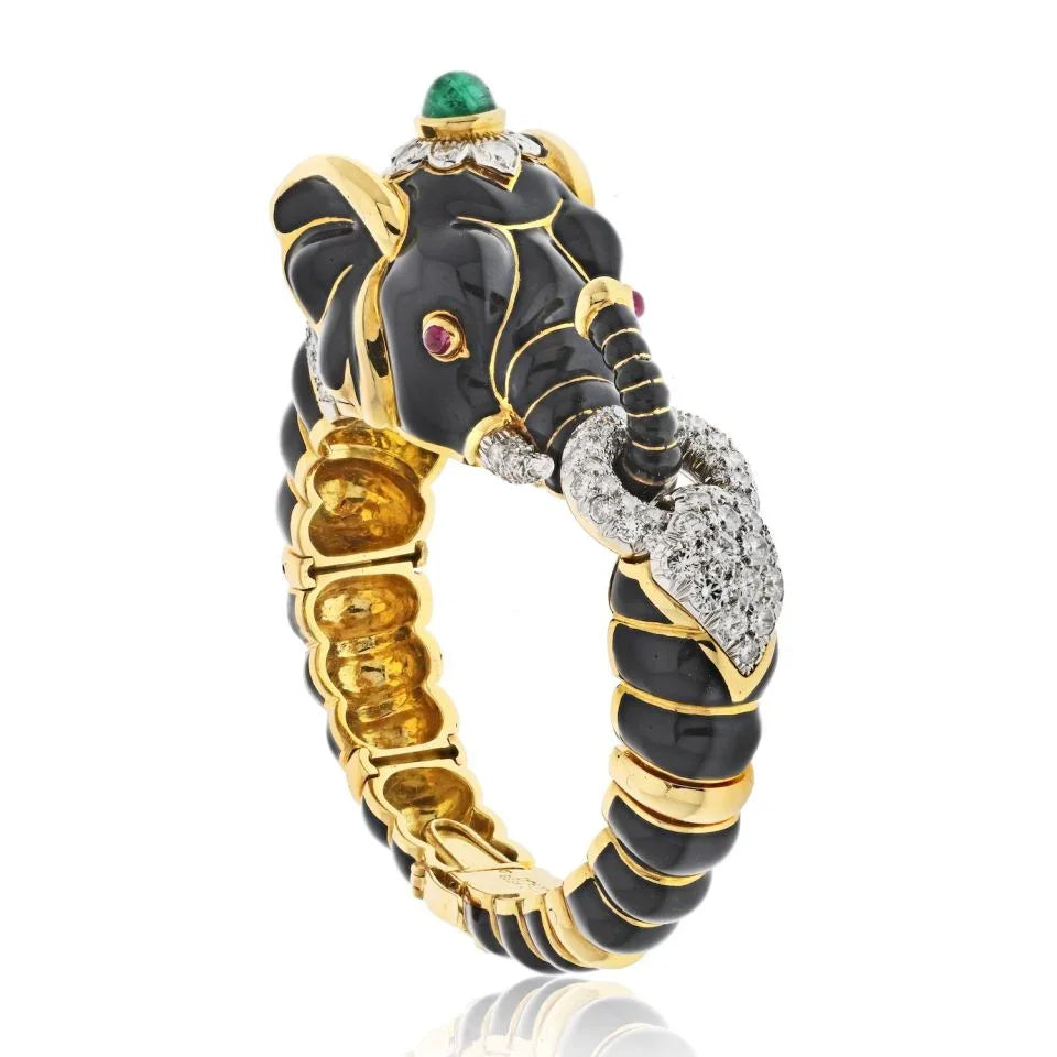 David Webb Platinum & 18K Yellow Gold Black Enamel Elephant Bracelet - The Back Vault
