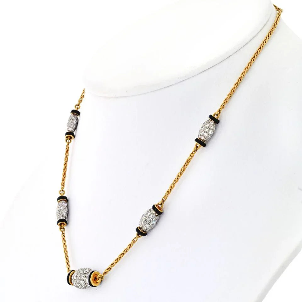 David Webb Platinum & 18K Yellow Gold Night Cap 5 Station Black Enamel 15.5 inches Necklace - The Back Vault