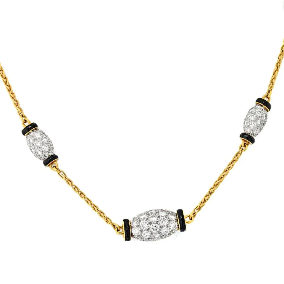 David Webb Platinum & 18K Yellow Gold Night Cap 5 Station Black Enamel 15.5 inches Necklace - The Back Vault