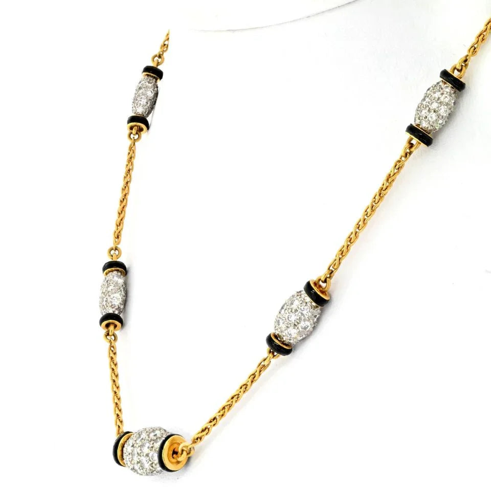 David Webb Platinum & 18K Yellow Gold Night Cap 5 Station Black Enamel 15.5 inches Necklace - The Back Vault