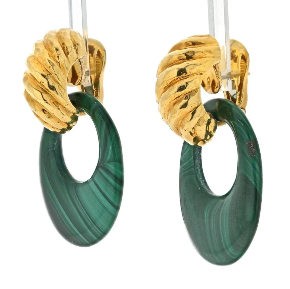David Webb Platinum & 18K Yellow Gold Malachite Door Knockers Earrings - The Back Vault