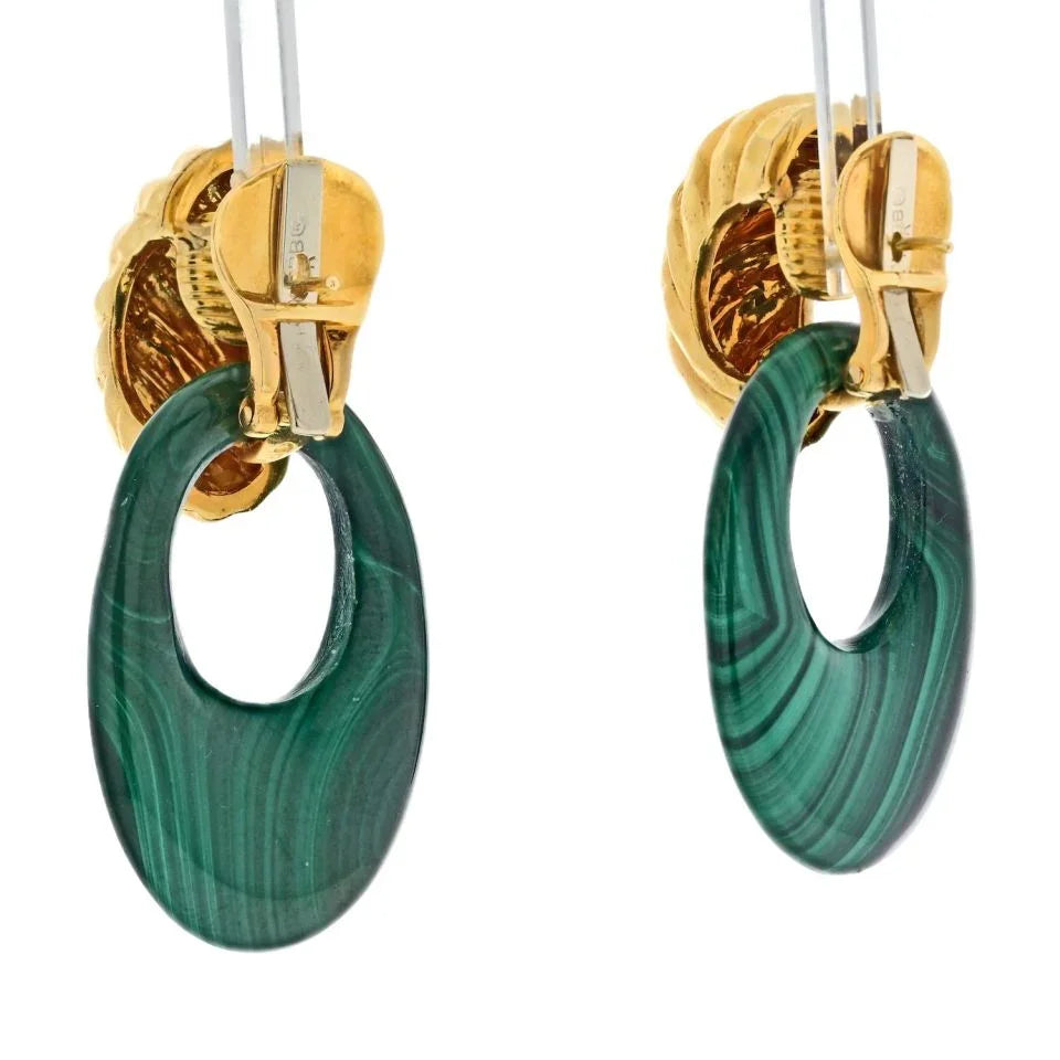 David Webb Platinum & 18K Yellow Gold Malachite Door Knockers Earrings - The Back Vault