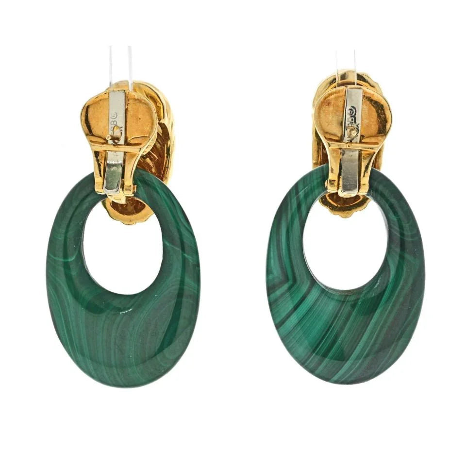 David Webb Platinum & 18K Yellow Gold Malachite Door Knockers Earrings - The Back Vault