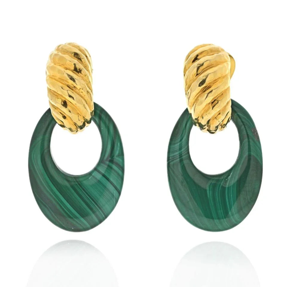 David Webb Platinum & 18K Yellow Gold Malachite Door Knockers Earrings - The Back Vault
