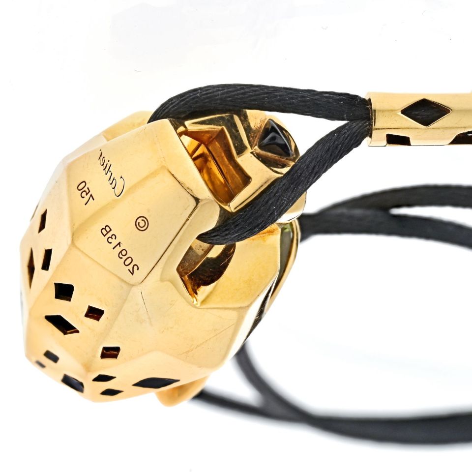 Cartier 18K Yellow Gold Panthere On A Black Cord Pendant