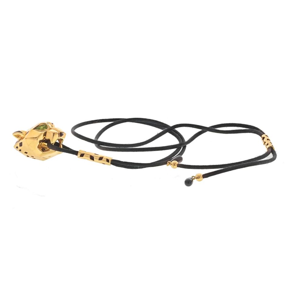 Cartier 18K Yellow Gold Panthere On A Black Cord Pendant