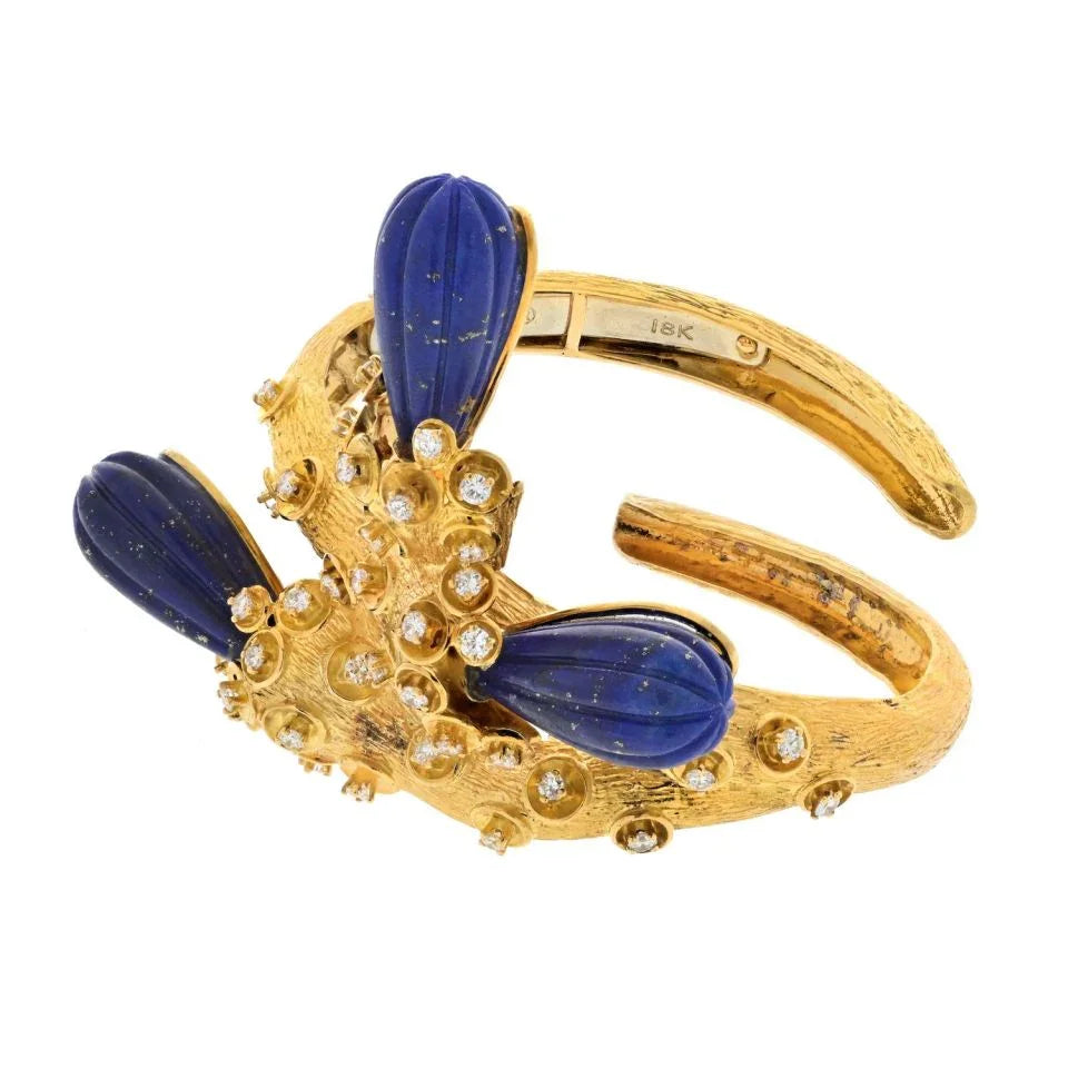 David Webb Platinum & 18K Yellow Gold Lapis Vine Motif Diamond Cuff Bracelet - The Back Vault