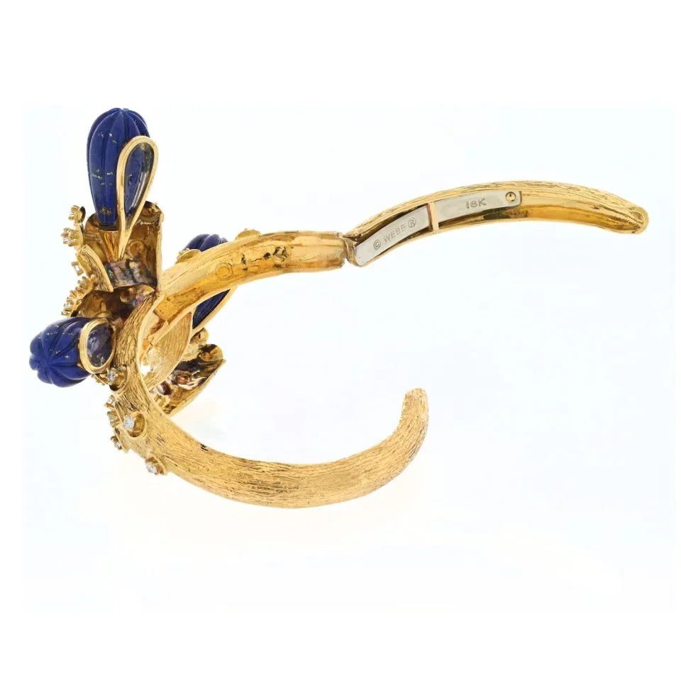 David Webb Platinum & 18K Yellow Gold Lapis Vine Motif Diamond Cuff Bracelet - The Back Vault