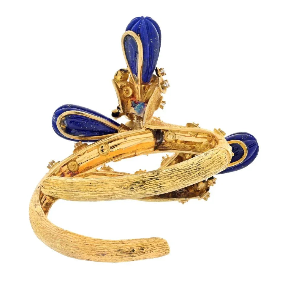 David Webb Platinum & 18K Yellow Gold Lapis Vine Motif Diamond Cuff Bracelet - The Back Vault