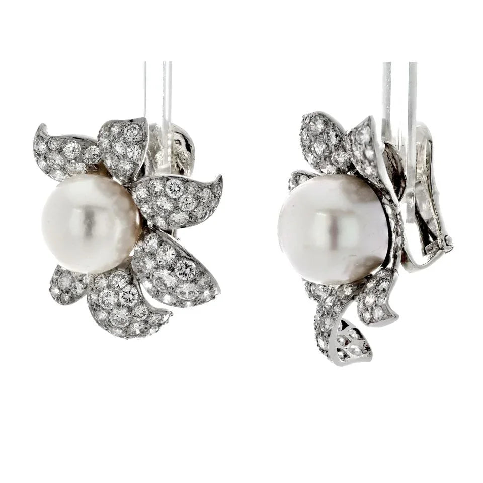 David Webb Platinum Diamond And White Pearl Flower Clip Earrings - The Back Vault