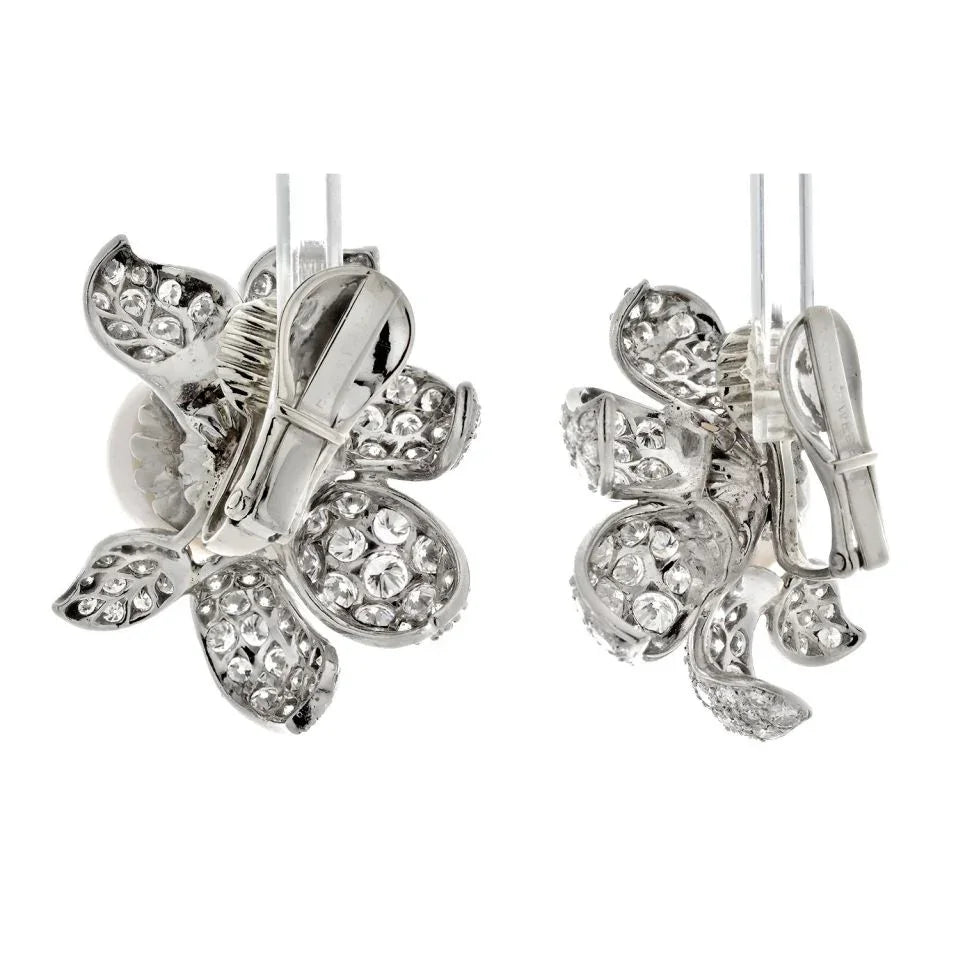 David Webb Platinum Diamond And White Pearl Flower Clip Earrings - The Back Vault
