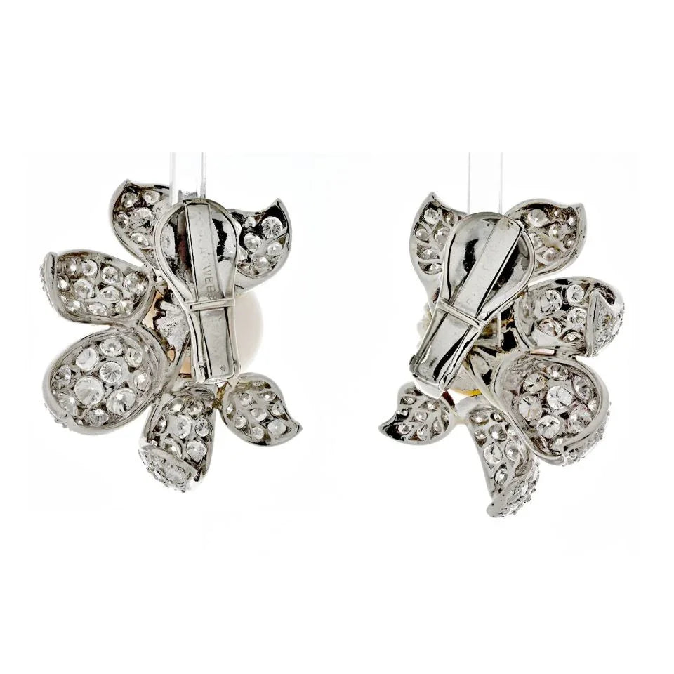 David Webb Platinum Diamond And White Pearl Flower Clip Earrings - The Back Vault