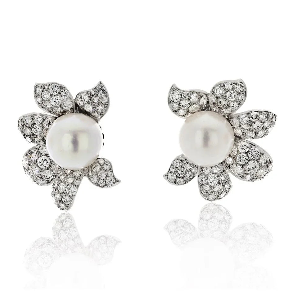 David Webb Platinum Diamond And White Pearl Flower Clip Earrings - The Back Vault