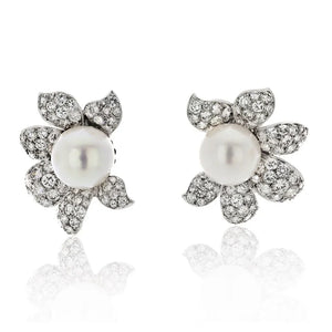 David Webb Platinum Diamond And White Pearl Flower Clip Earrings
