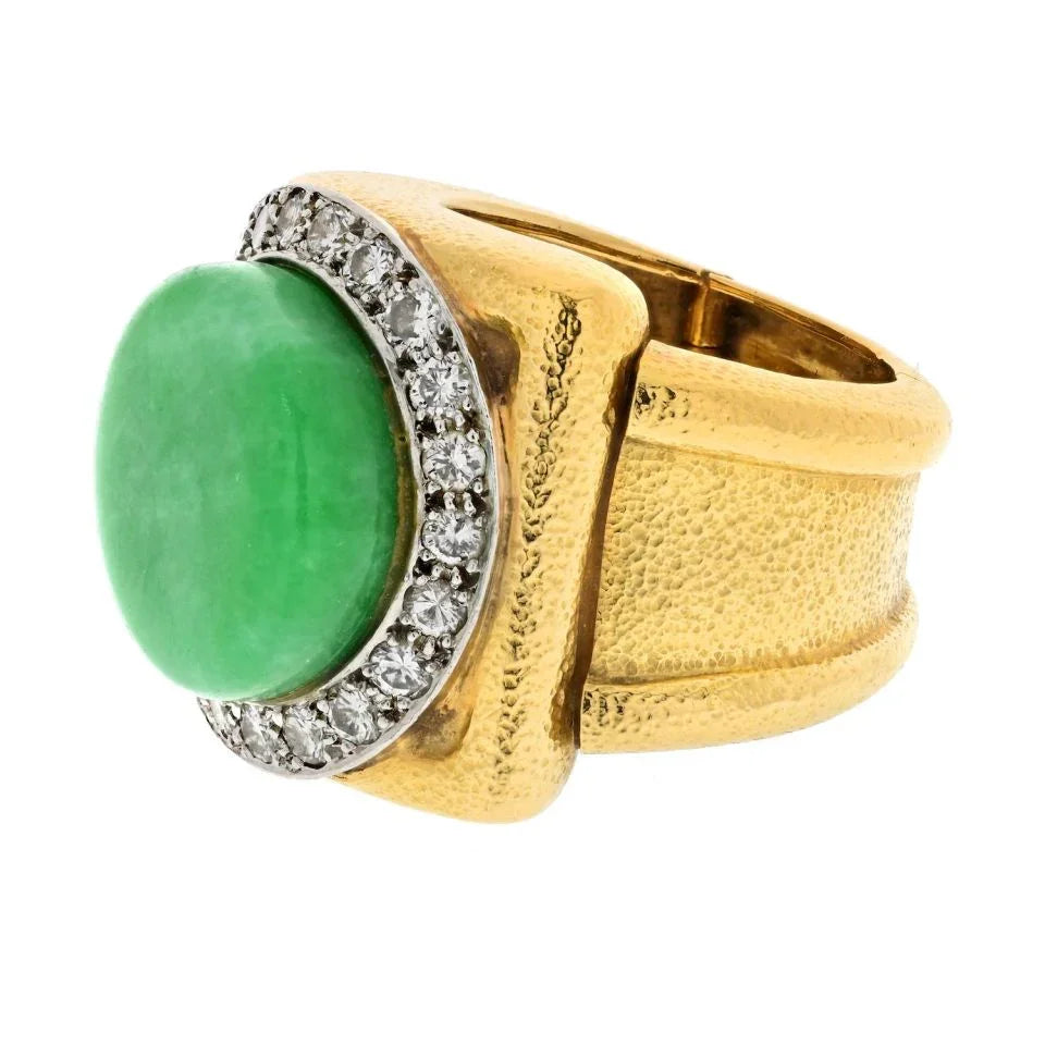 David Webb Platinum & 18K Yellow Gold Jadeite Diamond Hammered Finish Cocktail Ring - The Back Vault