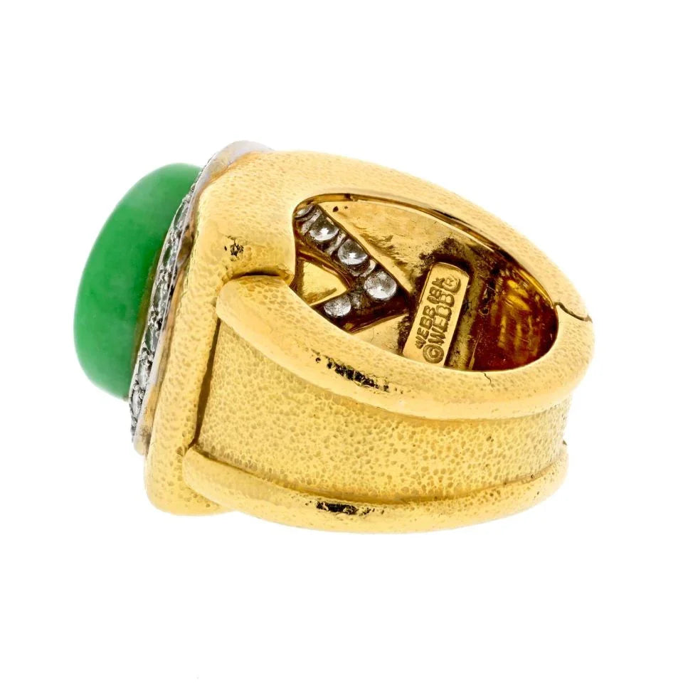 David Webb Platinum & 18K Yellow Gold Jadeite Diamond Hammered Finish Cocktail Ring - The Back Vault