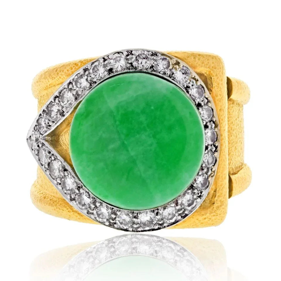 David Webb Platinum & 18K Yellow Gold Jadeite Diamond Hammered Finish Cocktail Ring - The Back Vault