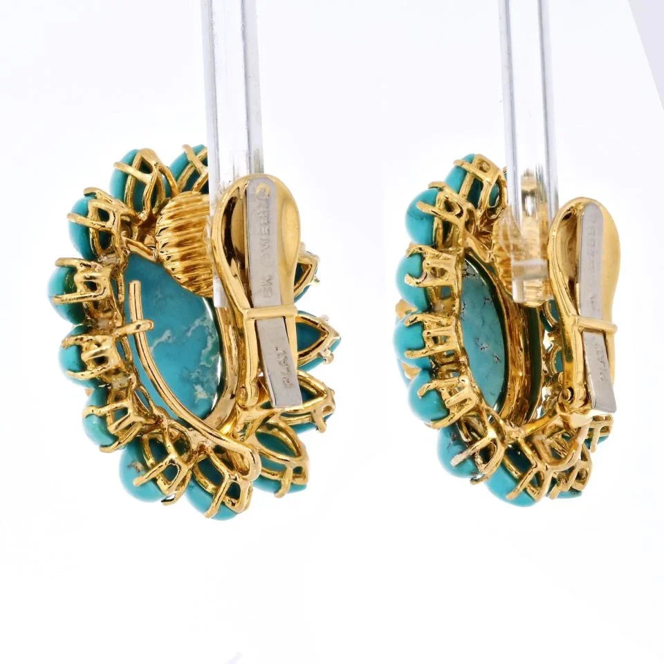 David Webb Platinum & 18K Yellow Gold Cabochon Cut Turquoise Flower Clip-On Earrings - The Back Vault