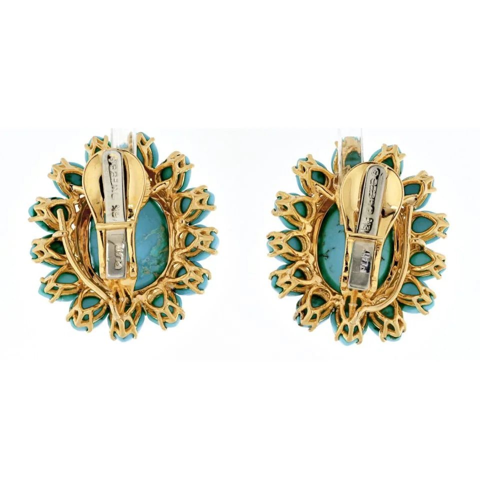 David Webb Platinum & 18K Yellow Gold Cabochon Cut Turquoise Flower Clip-On Earrings - The Back Vault