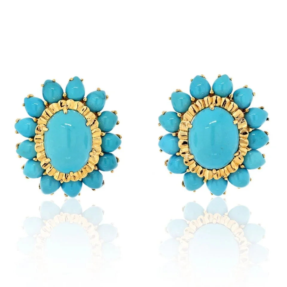 David Webb Platinum & 18K Yellow Gold Cabochon Cut Turquoise Flower Clip-On Earrings - The Back Vault