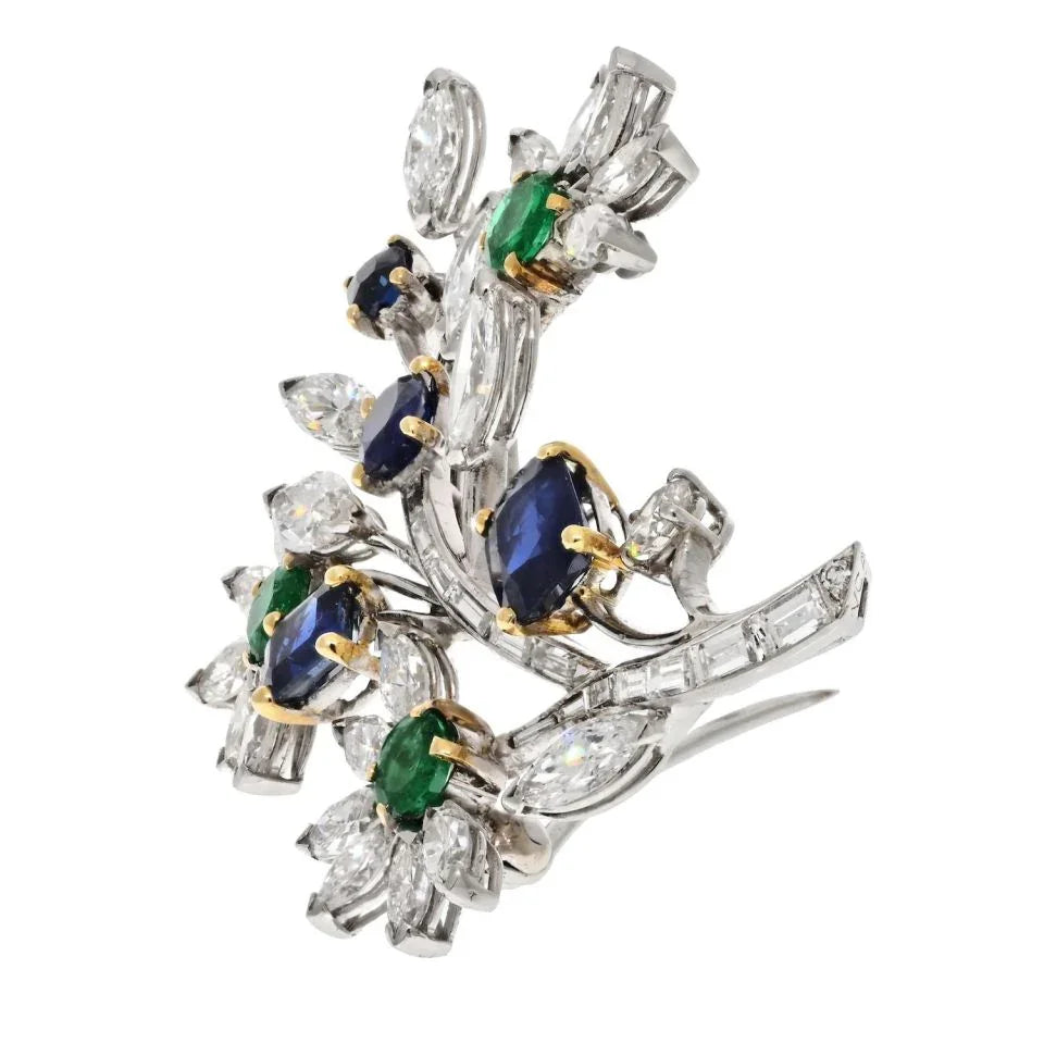 Van Cleef & Arpels Platinum Bouquet Diamond, Sapphire And Emerald Brooch - The Back Vault
