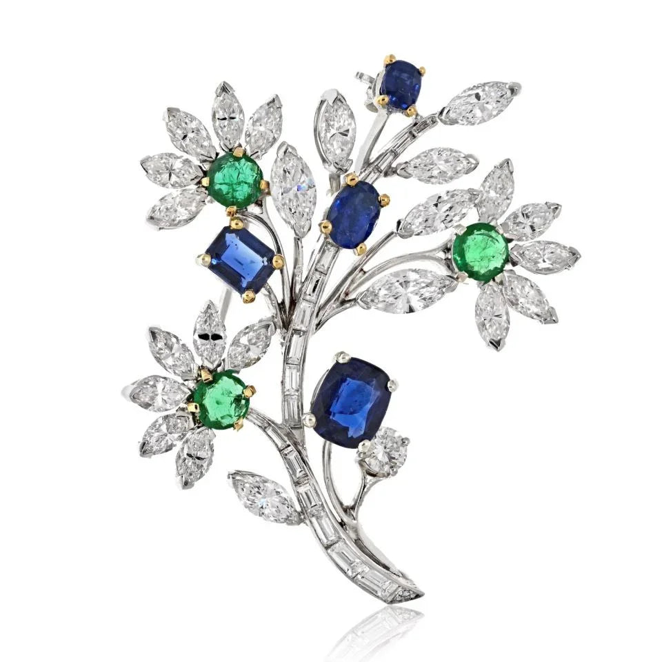 Van Cleef & Arpels Platinum Bouquet Diamond, Sapphire And Emerald Brooch - The Back Vault