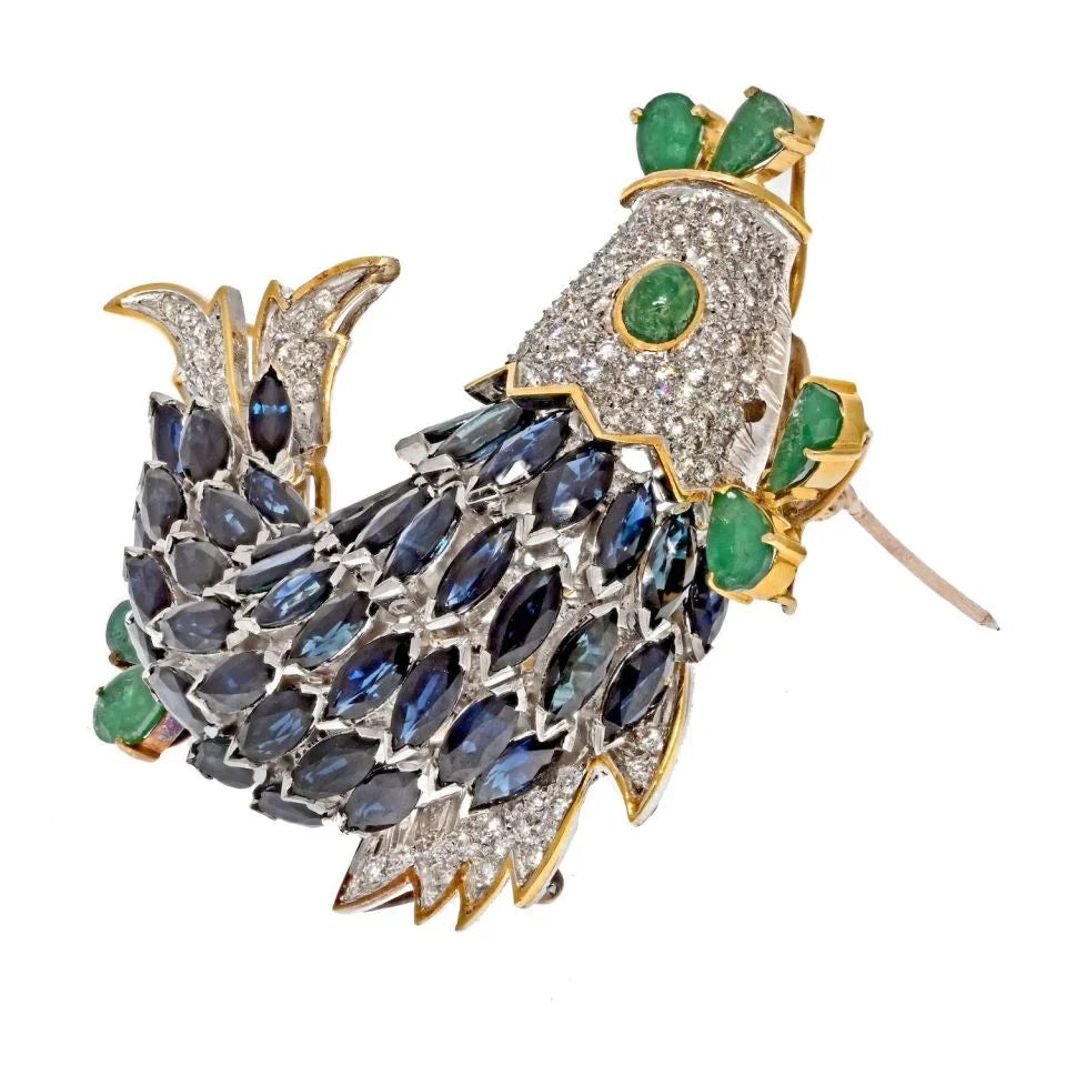 18K Yellow Gold Sapphire, Diamond And Emerald Fish Brooch - The Back Vault