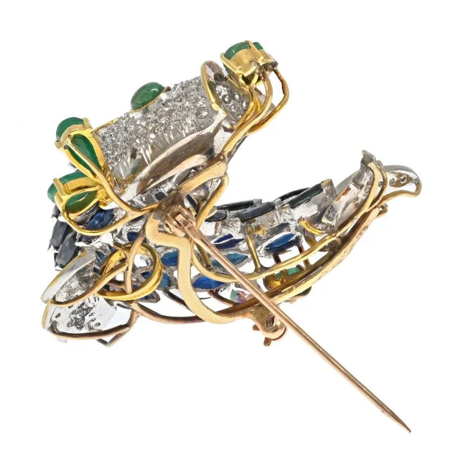 18K Yellow Gold Sapphire, Diamond And Emerald Fish Brooch - The Back Vault