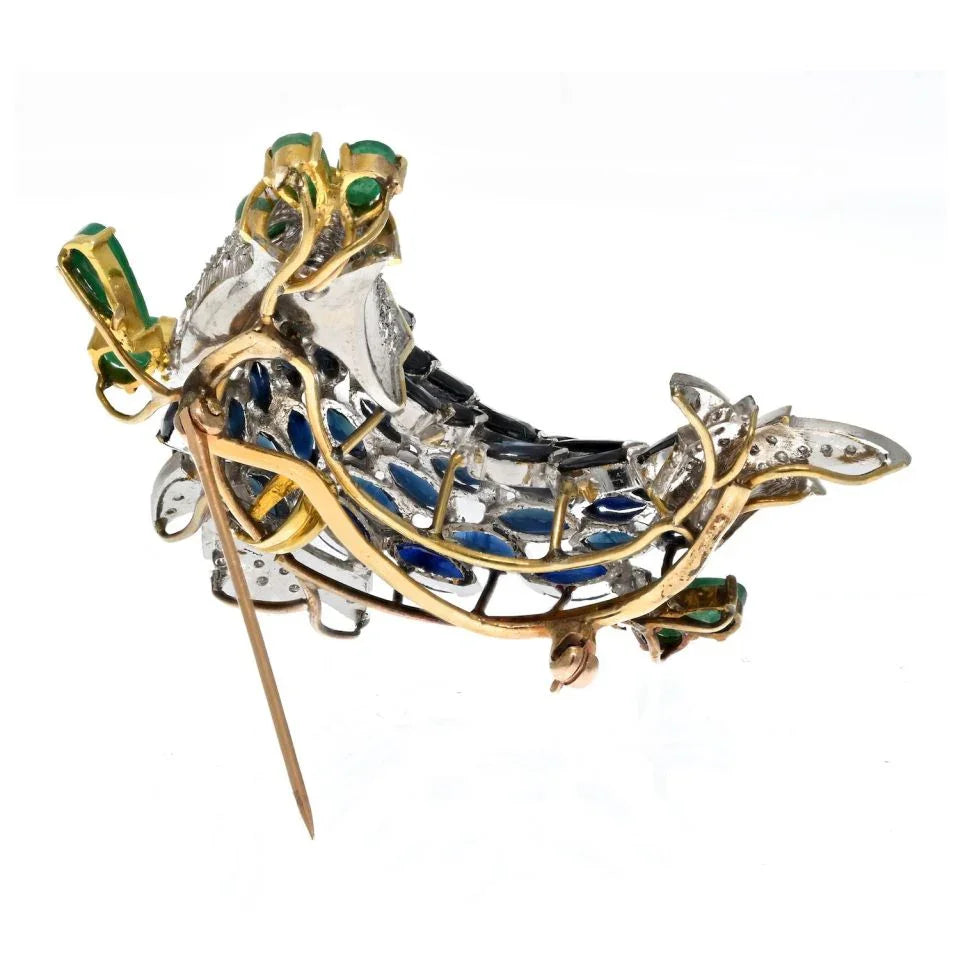 18K Yellow Gold Sapphire, Diamond And Emerald Fish Brooch - The Back Vault