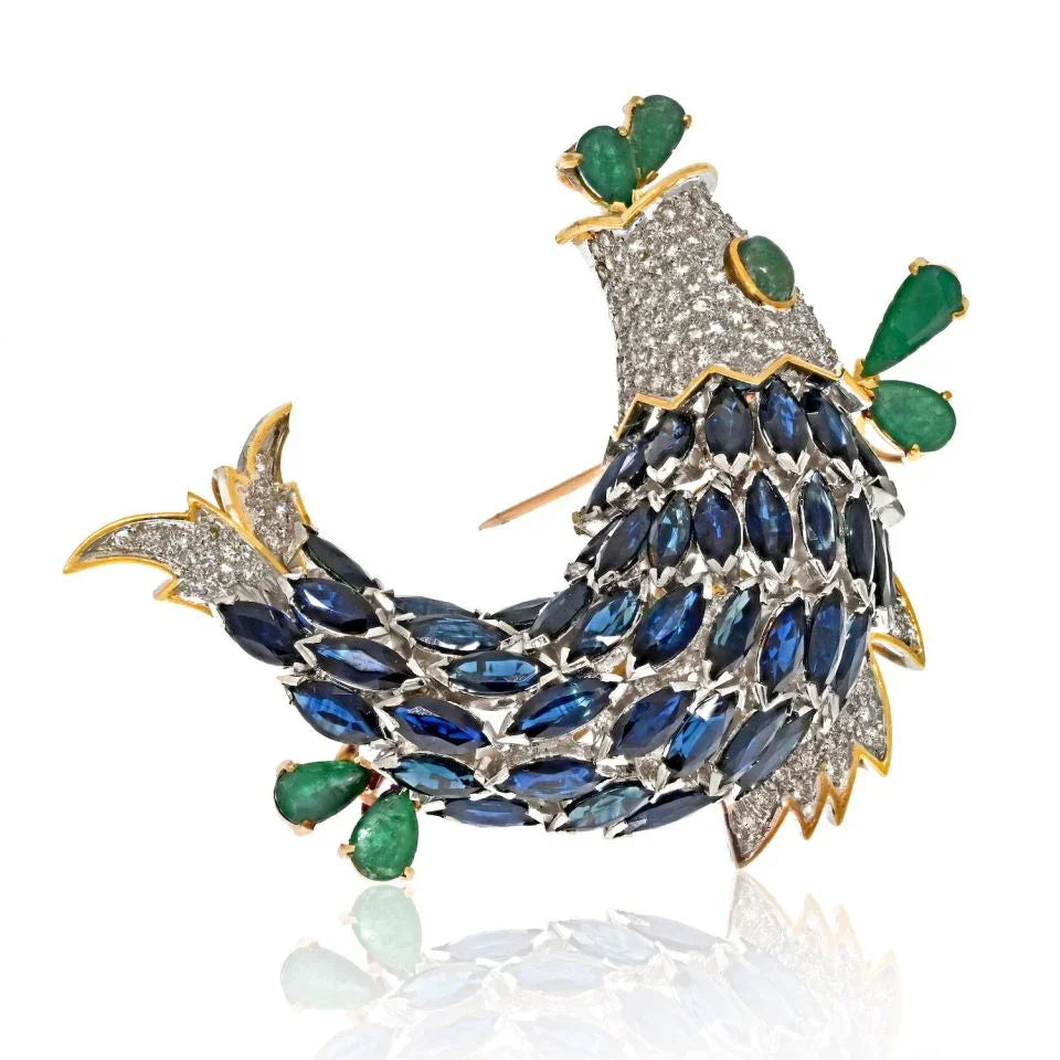 18K Yellow Gold Sapphire, Diamond And Emerald Fish Brooch - The Back Vault