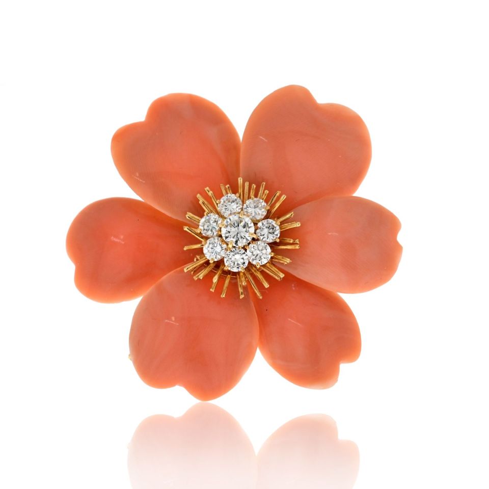 Van Cleef & Arpels 18K Yellow Gold Rose De Noel Coral Diamond