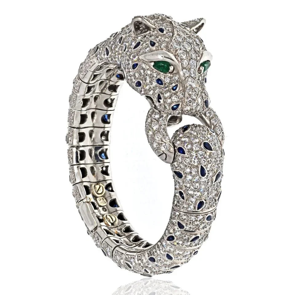 Platinum 40.00cttw Diamond And Sapphire Estate Panthere Bracelet - The Back Vault