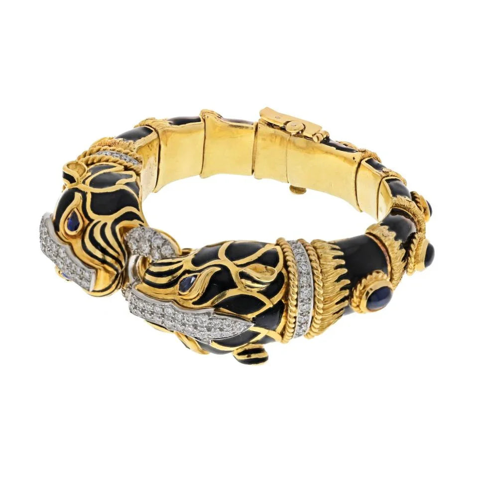 David Webb Platinum & 18K Yellow Gold Double Lion Black Enamel Sapphire Eyes Diamonds Bracelet - The Back Vault