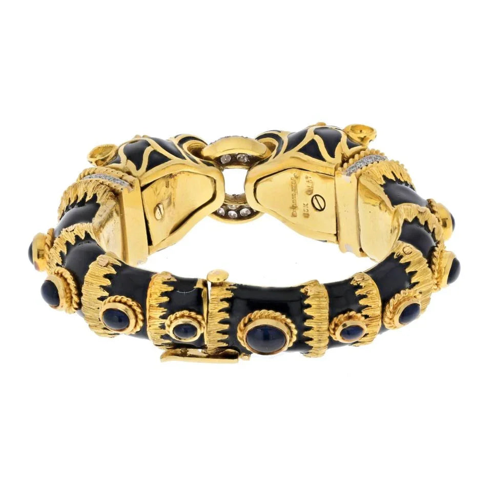 David Webb Platinum & 18K Yellow Gold Double Lion Black Enamel Sapphire Eyes Diamonds Bracelet - The Back Vault