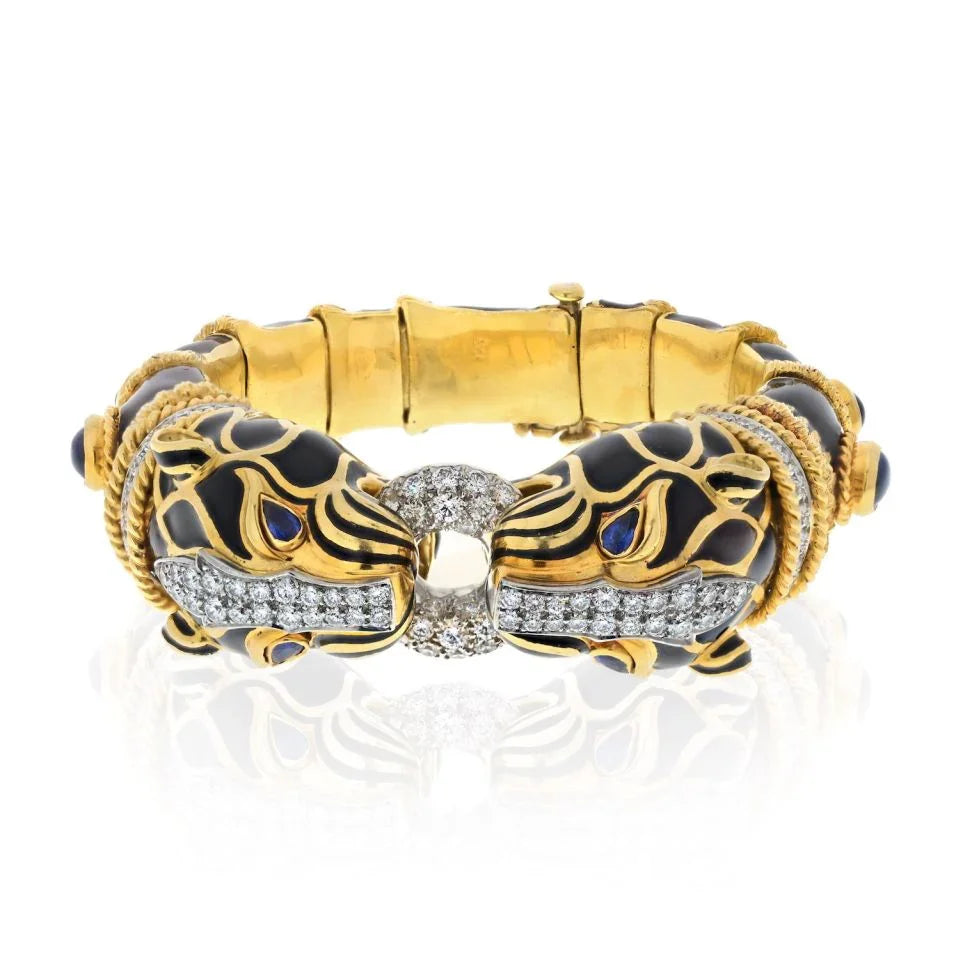 David Webb Platinum & 18K Yellow Gold Double Lion Black Enamel Sapphire Eyes Diamonds Bracelet - The Back Vault