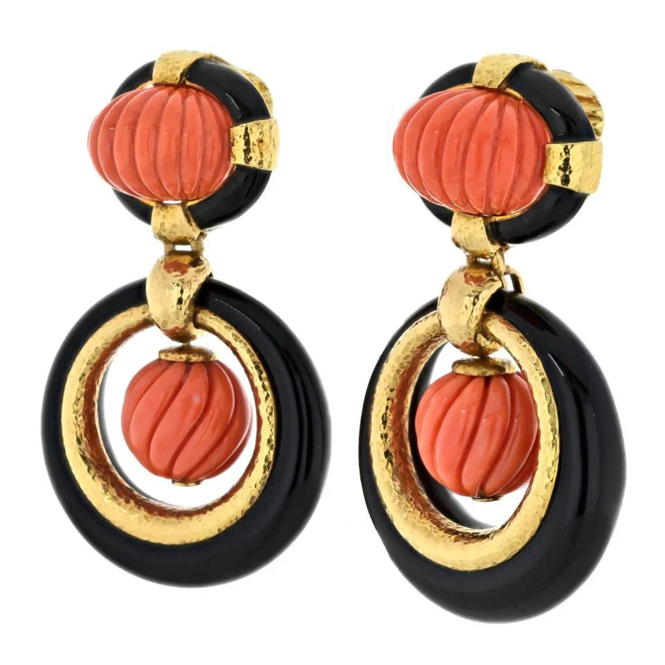 David Webb Platinum & 18K Yellow Gold Carved Coral Onyx Door Knockers Earrings - The Back Vault