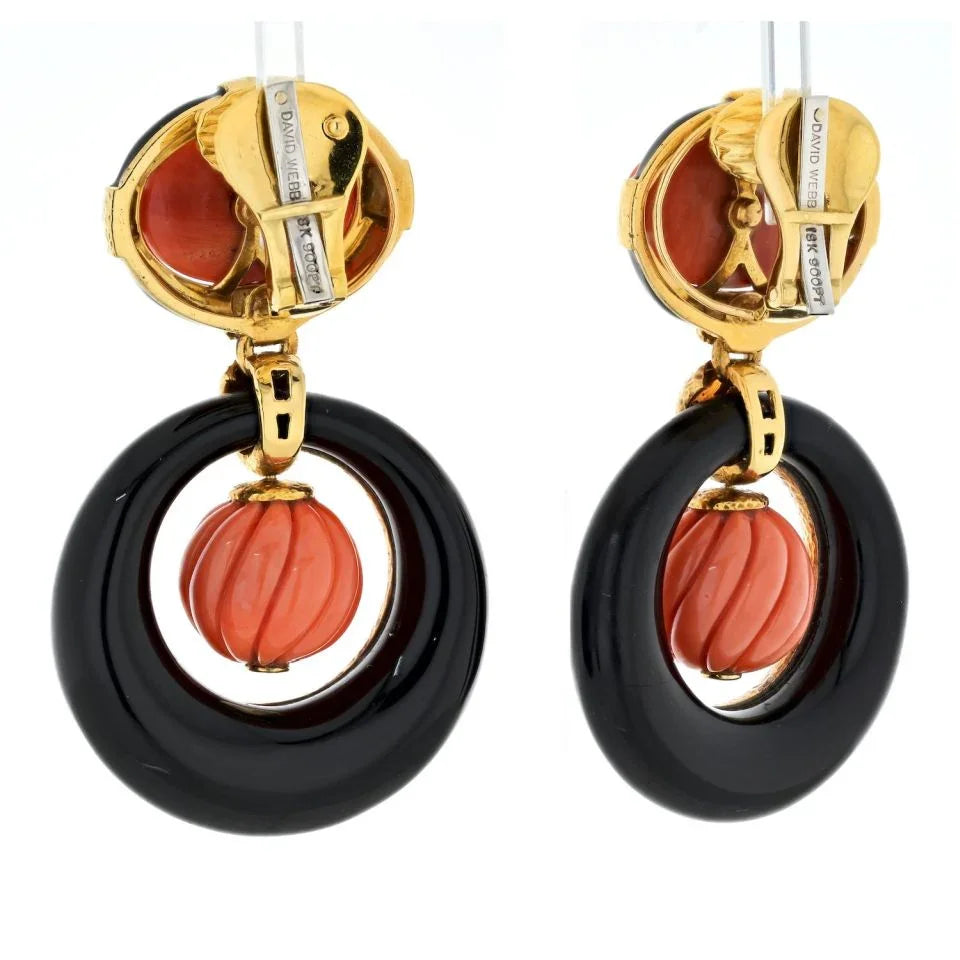 David Webb Platinum & 18K Yellow Gold Carved Coral Onyx Door Knockers Earrings - The Back Vault
