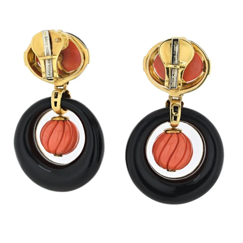 David Webb Platinum & 18K Yellow Gold Carved Coral Onyx Door Knockers Earrings - The Back Vault