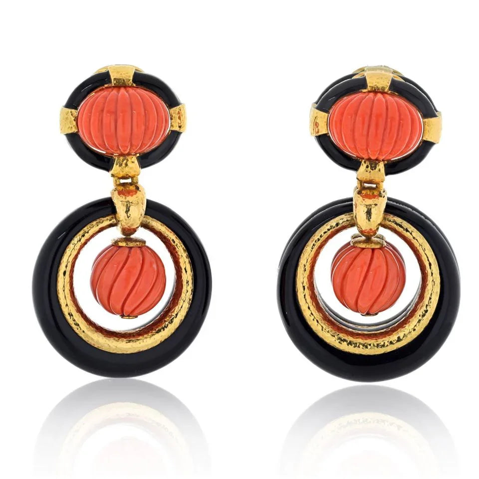 David Webb Platinum & 18K Yellow Gold Carved Coral Onyx Door Knockers Earrings - The Back Vault