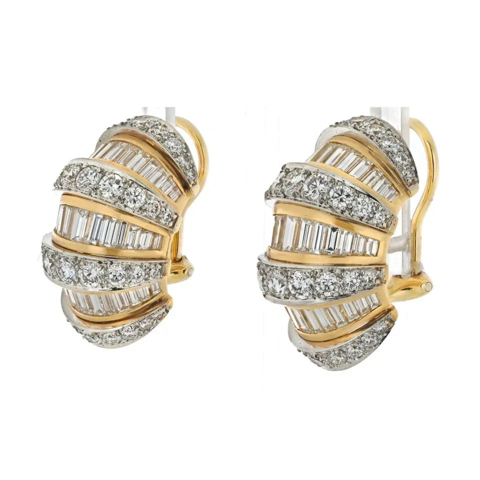 Oscar Heyman Platinum & 18K Yellow Gold Dome Shrimp Baguette And Round Cut 7.00cttw Earrings - The Back Vault