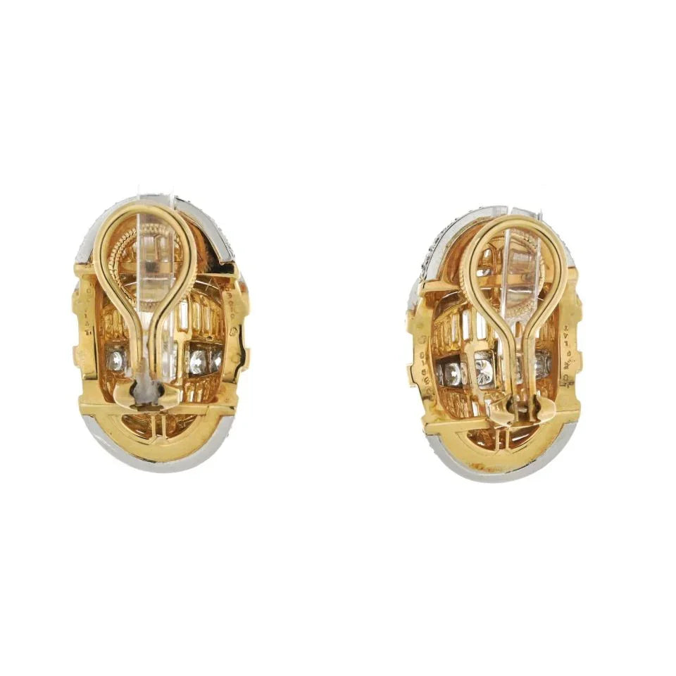 Oscar Heyman Platinum & 18K Yellow Gold Dome Shrimp Baguette And Round Cut 7.00cttw Earrings - The Back Vault