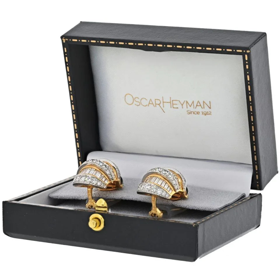 Oscar Heyman Platinum & 18K Yellow Gold Dome Shrimp Baguette And Round Cut 7.00cttw Earrings - The Back Vault