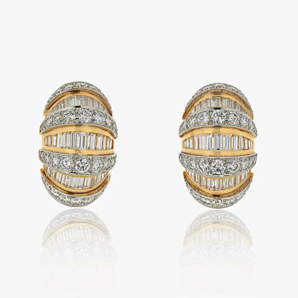 Oscar Heyman Platinum & 18K Yellow Gold Dome Shrimp Baguette And Round Cut 7.00cttw Earrings - The Back Vault
