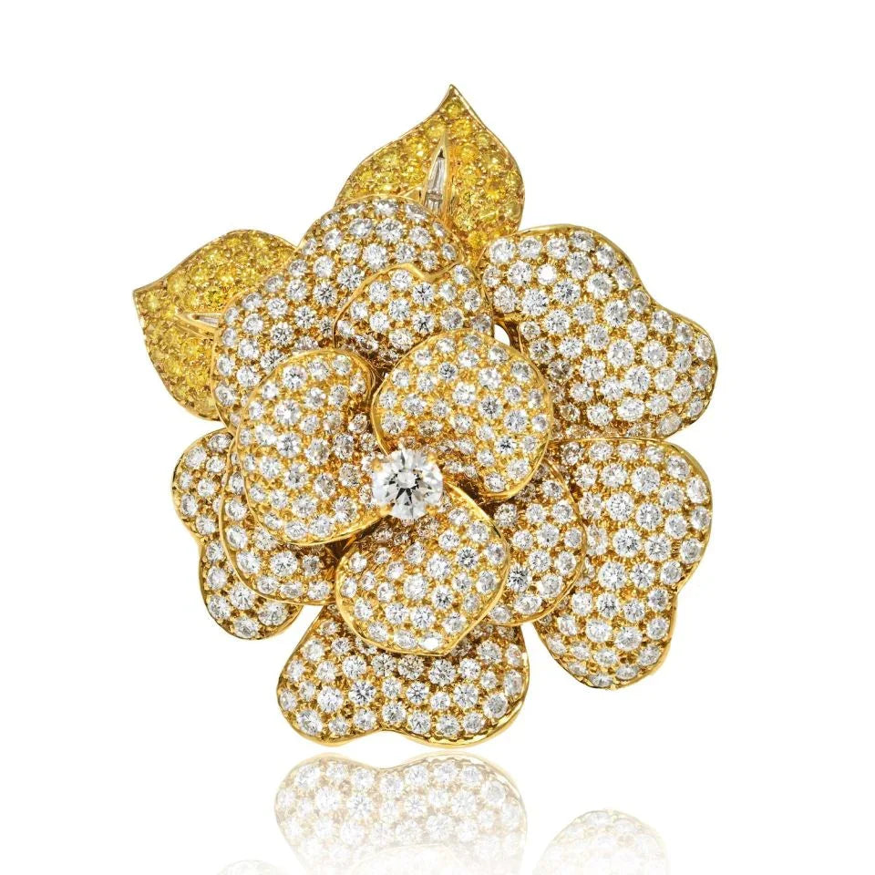 18K Yellow Gold 27.00cts Diamond Flower Brooch - The Back Vault