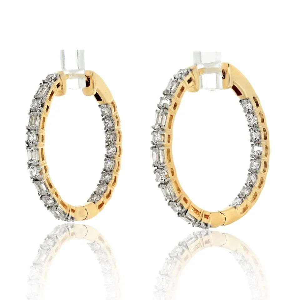 14K Yellow Gold Alternating Emerald And Round Cut Diamond Hoop Earrings - The Back Vault