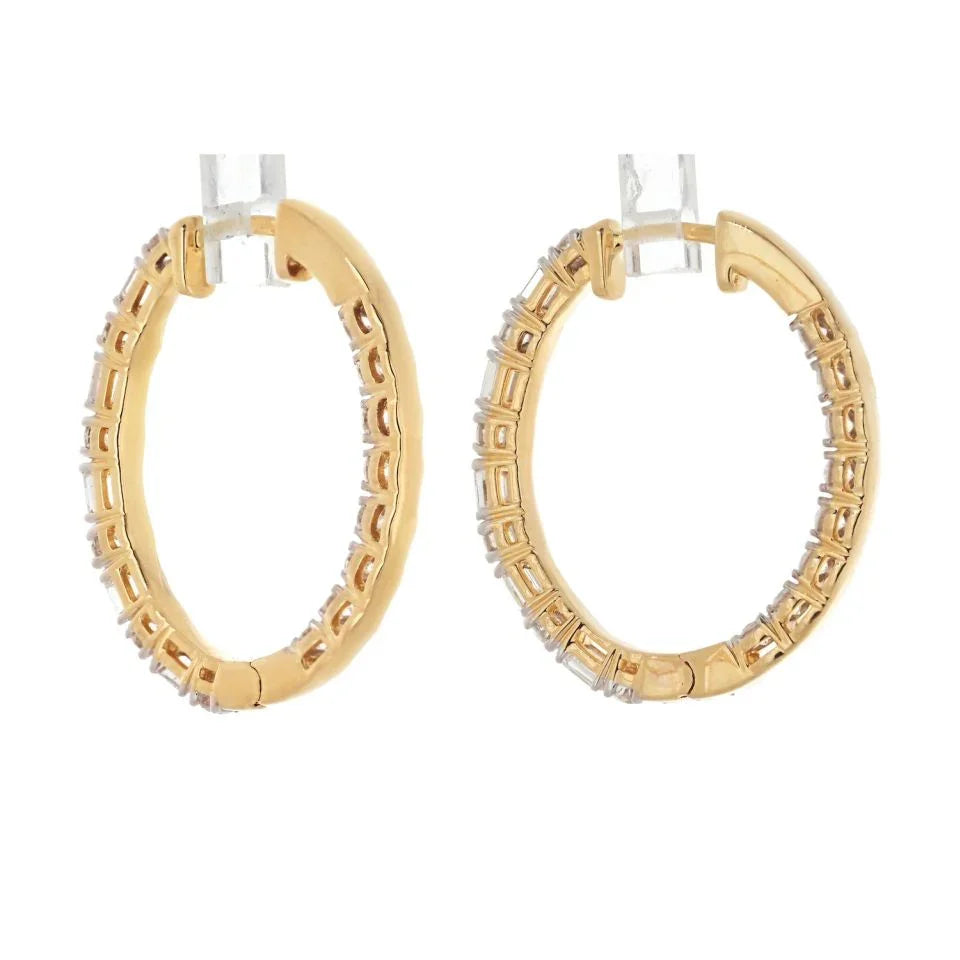 14K Yellow Gold Alternating Emerald And Round Cut Diamond Hoop Earrings - The Back Vault