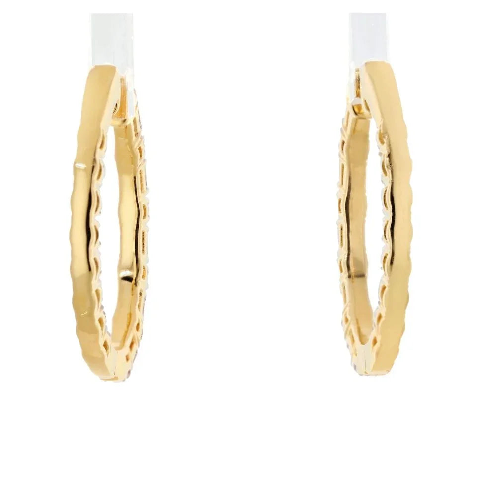 14K Yellow Gold Alternating Emerald And Round Cut Diamond Hoop Earrings - The Back Vault